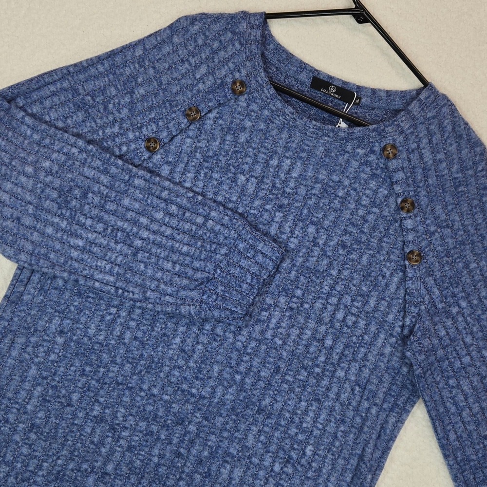 LILLUSORY Ribbed Sweater XL Blue Button Shoulder Crewneck Coastal Nautical NWT